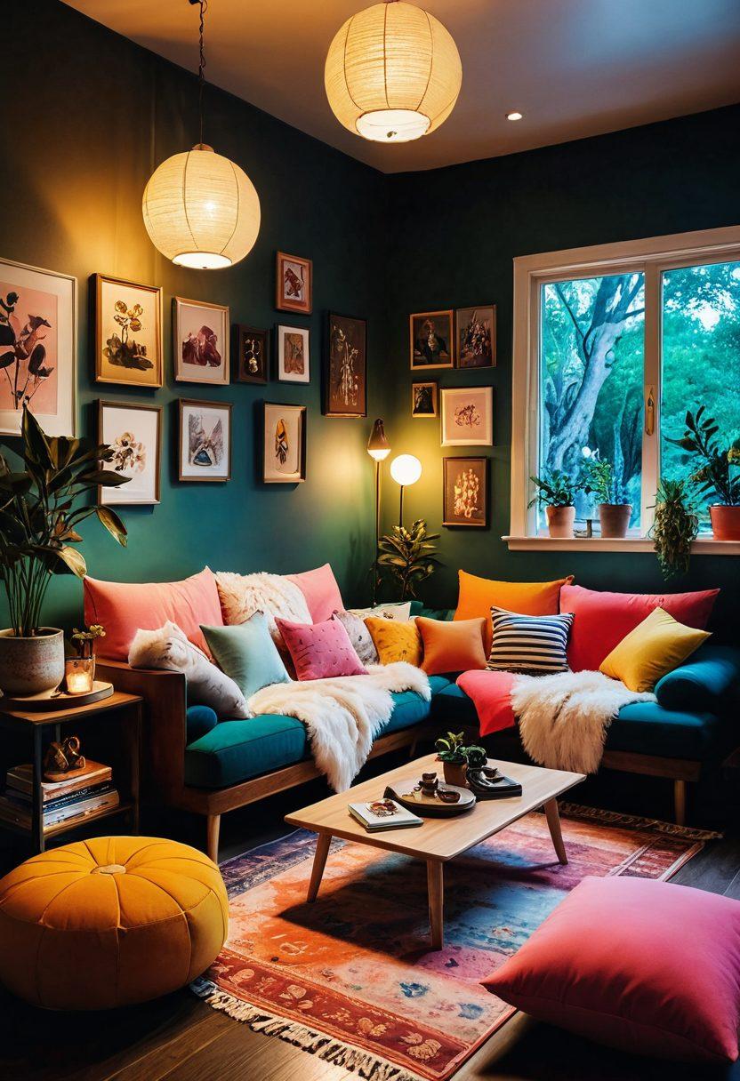 A colorful, vibrant scene showcasing a diverse group of anthropomorphic characters in a cozy, whimsical room filled with eclectic decor. Each character expresses unique styles that reflect different anime fetishes, surrounded by plush cushions and soft lighting that creates an inviting atmosphere. Include playful elements like tasteful artworks and fantasy motifs that stimulate curiosity and allure. super-realistic. vibrant colors. soft focus.